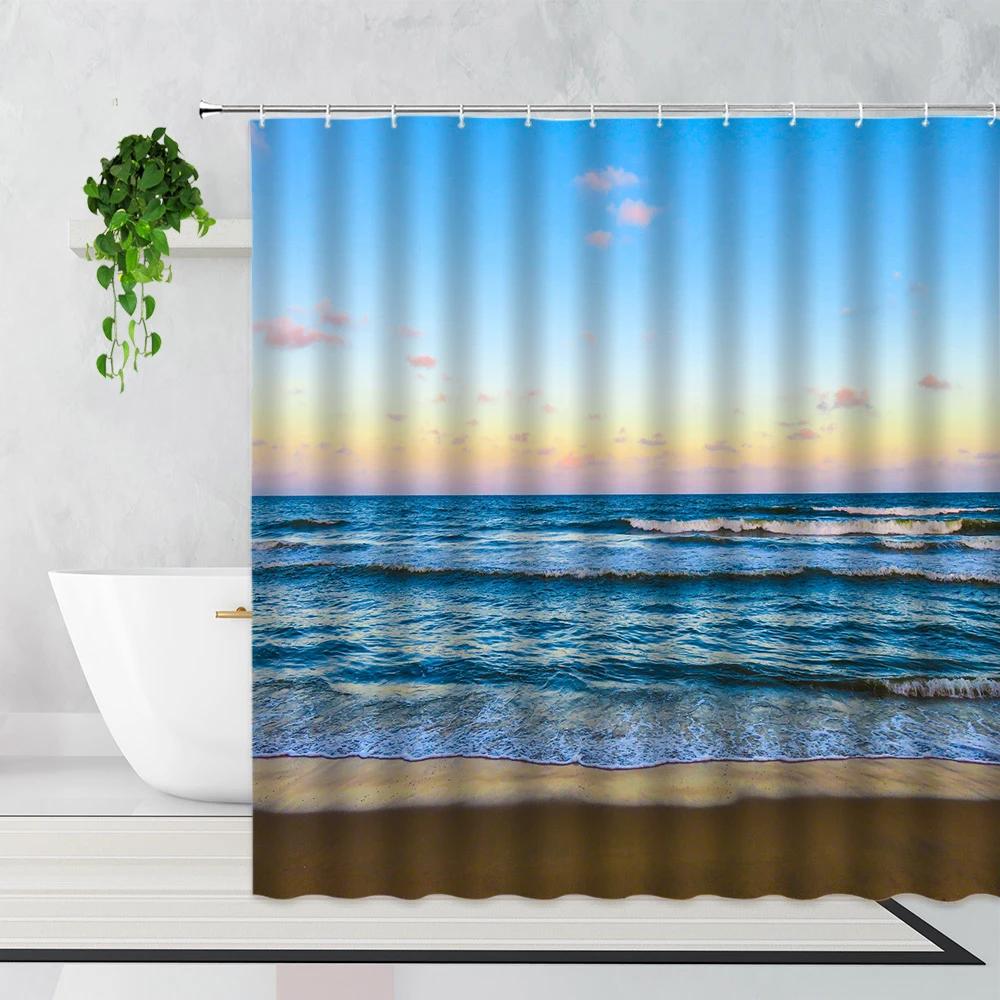 Palm Trees Beach Shower Curtains Sea Waves Island Vacation Hawaii Nature Scenery Summer Fabric Bathroom Decor Bath Curtain Hooks