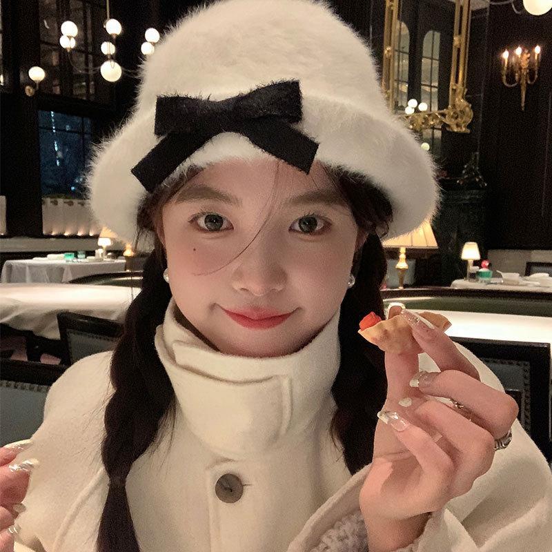 Winter Bow Plush Fisherman Hat Children Imitation Rabbit Fur Ins Top Hat Thickened Thermal Basin Hat Women