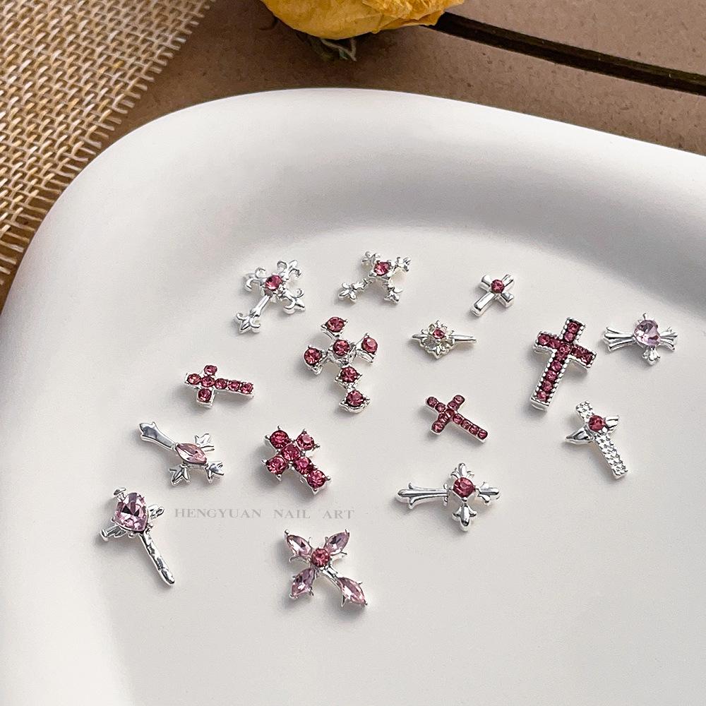 Pink Rhinestone Cross Nail Art Decorations: Multiple Styles of Wearable Metal Nail Accessories