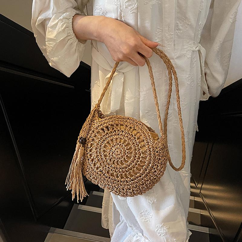 Women Hollow Straw Bag Circle Rattan Bag Round Soft Paper Rope Shoulder MessengerBag Tassel Summer Beach Handmade Crossbody Bags