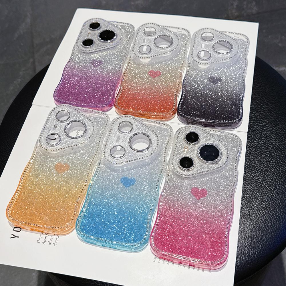 KEYSION Gradient Love Heart Wavy Phone Case for Huawei Pura 70 80 Pro 80 70 Ultra Glitter Jewelled Lens Protector Shockproof Cover
