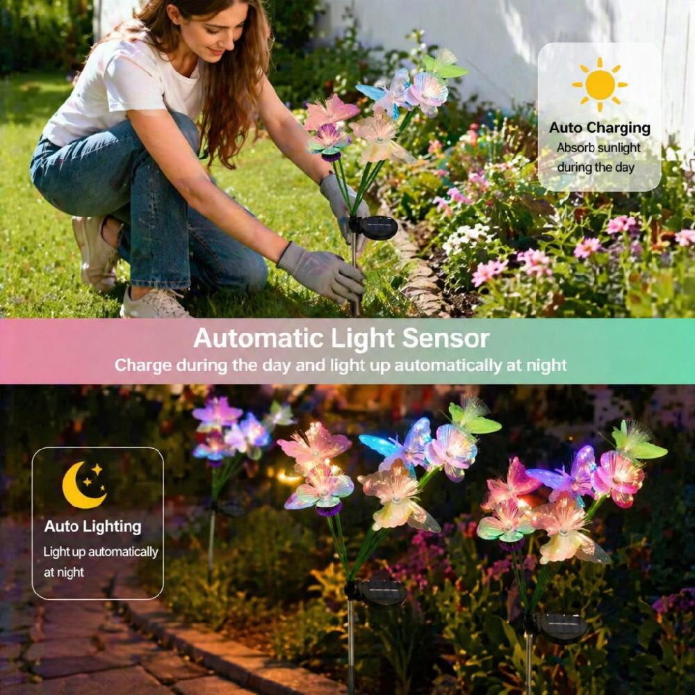2PCs  Solar Butterfly Flower Stake Lights 10/8/6 Head 2 Modes Steady Flash Waterproof Outdoor Garden Yard DIY Decor Lamp