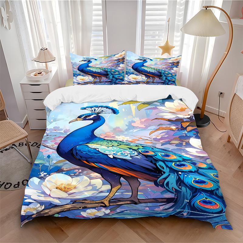 3pcs Peacock Feather Duvet Cover Set, Soft Comfortable Duvet Cover,Guest Room (1*Duvet Cover + 2*Pillowcase, Without Core) yy251104141