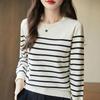 Women Round Neck Striped Knit Sweater Long Sleeve Casual Solid Stripe Pullover Tops