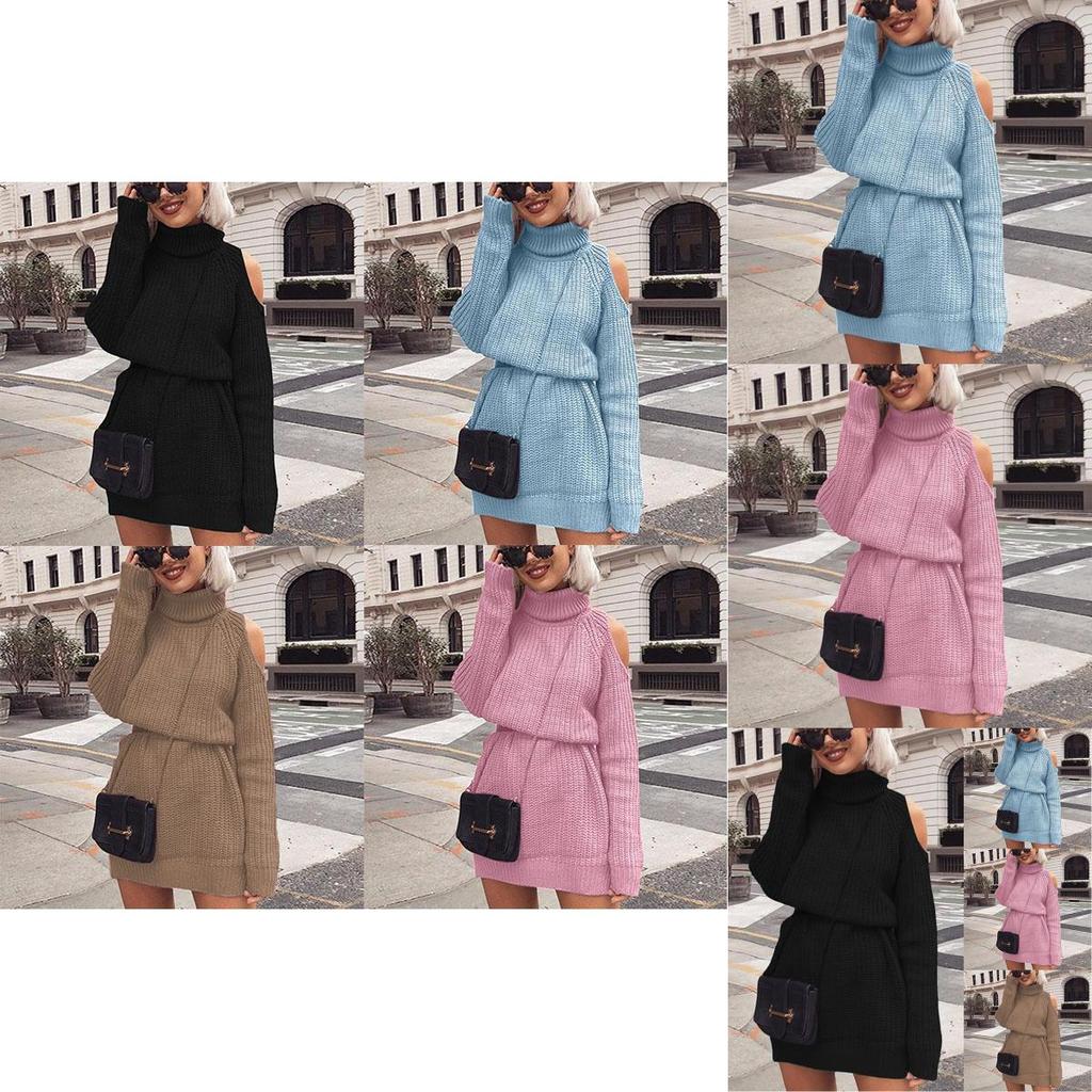Premium Quality Autumn And Winter Mid Length High Collar Off Shoulder Sweater Dress Mini Dress For Effortless Style