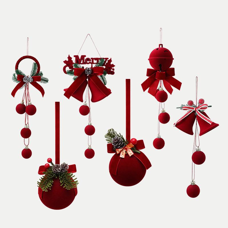 Flocking Christmas Ball Hanging Ornaments Velvet Red Bell Christmas Tree Decoration Pendant Home New Year Party Supplies