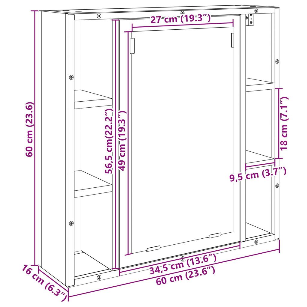 Retro-Wandspiegel Fürs Badezimmer, Schminkspiegel Mit Offenen Quadratischen Aufbewahrungsfächern Auf Beiden Seiten, 60 X 16 X 60 Cm