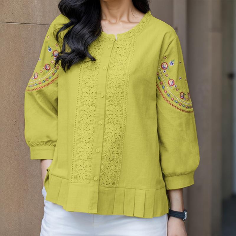 ZANZEA Womens Casual Embroidery Lace Patchwork 3/4 Sleeve Loose Blouse