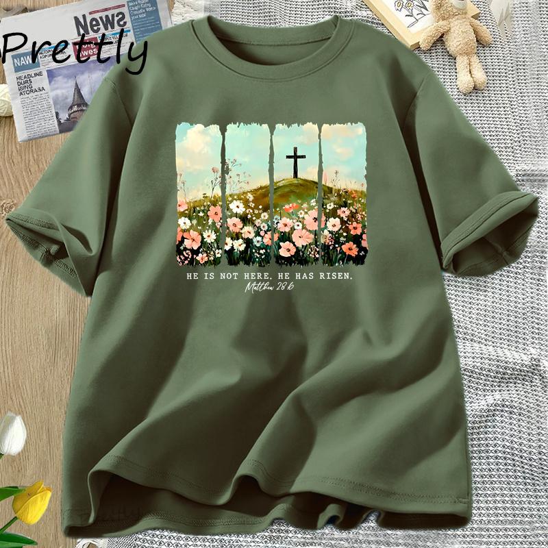 Er ist auferstanden Wildblumen-Print T-Shirt Frühling Ostern Designs T-Shirt Damen Trendy Ostern Christlich Jesus T-Shirt Damenbekleidung