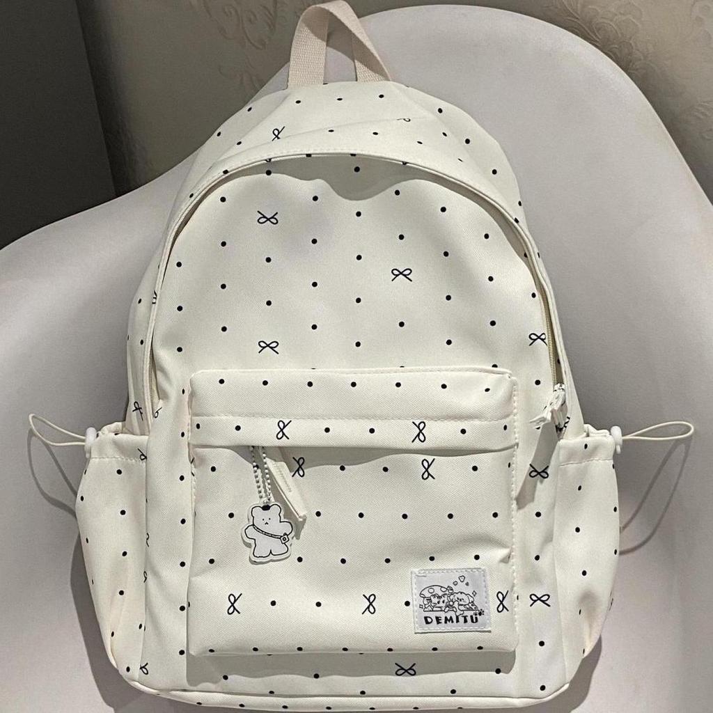 Koreanischer Rucksack mit Polka-Dot-Schleife für Damen, 2025 neu, vielseitiger Rucksack mit großem Fassungsvermögen, Schulrucksack für Studenten und Pendler