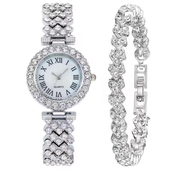 Trendy Roman Numerals Luxury Diamond-Encrusted Cuban Bracelet With Women'S Watch, Fashionable Hip-Hop Steel Watch