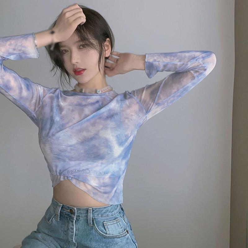 

Футболки с длинными рукавами Tie Dye, укороченный топ, женские сетчатые пуловеры с радужным градиентом и солнцезащитным кремом для девочек с круглым вырезом, топы