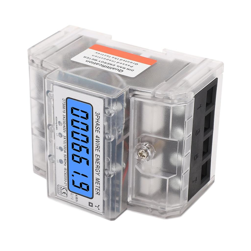 Energiezähler, 3-Phasen-4-Draht-LCD-Display mit Hintergrundbeleuchtung, DIN-Schieneninstallation, Stromzähler, 10-100 A, 230 