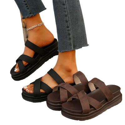 Mode Sommer Flache Damen Hausschuhe Schuhe Gladiator Strand Sandalen Pantoletten Kreuzband Plateau Outdoor Einfarbig Absatz Zehentrenner