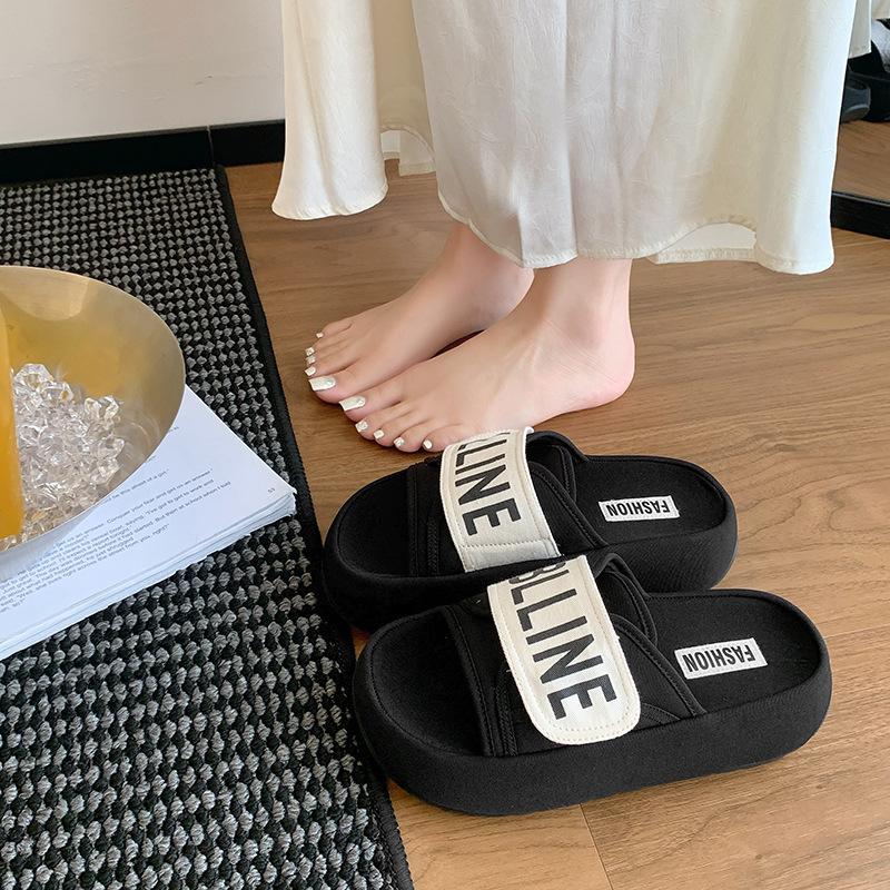 High-value Slippers Women's Summer 2025 Korean Version of Letter Velcro Platform Casual One-word Sandals Outer Slippers Women's Shoes