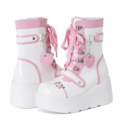 Modne gotyckie damskie buty Lolita różowe krzyżyki miłość zdobione platformowe damskie buty styl punk okrągły nosek popularne wysokie obcasy