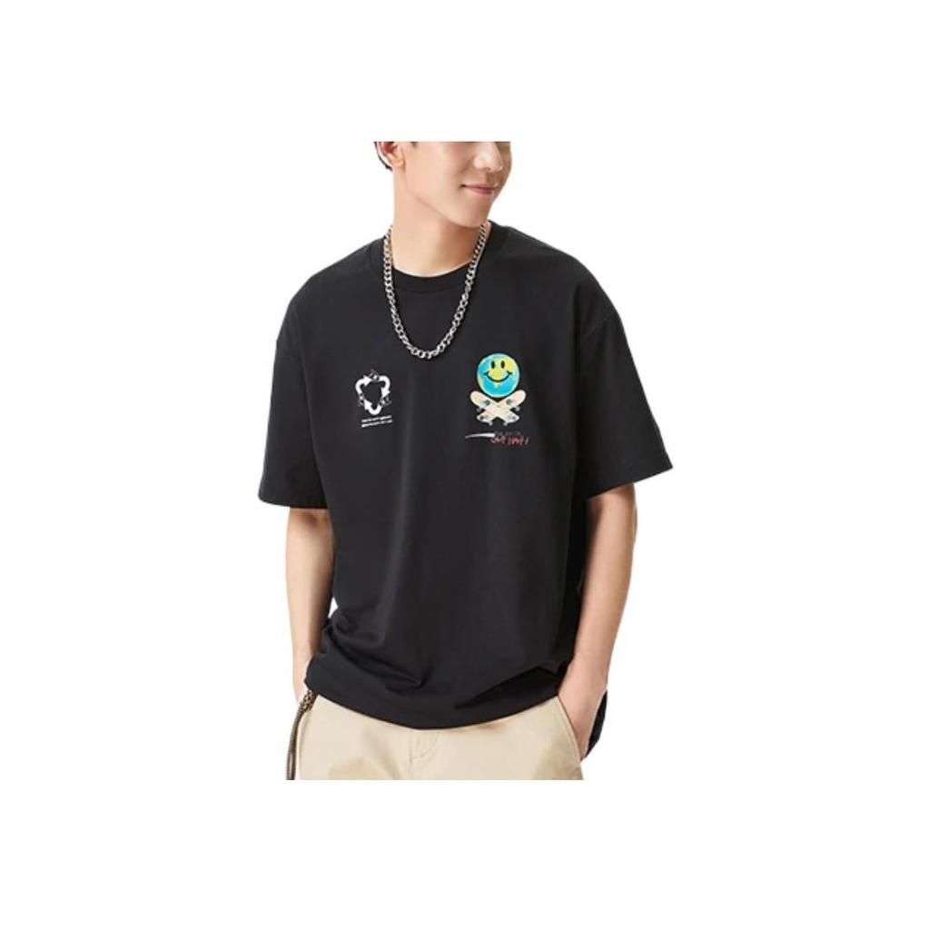 Lining Earth Smiley Print Round Neck Cartoon Short Sleeve T-Shirt Unisex Tops Black AHSS299-1