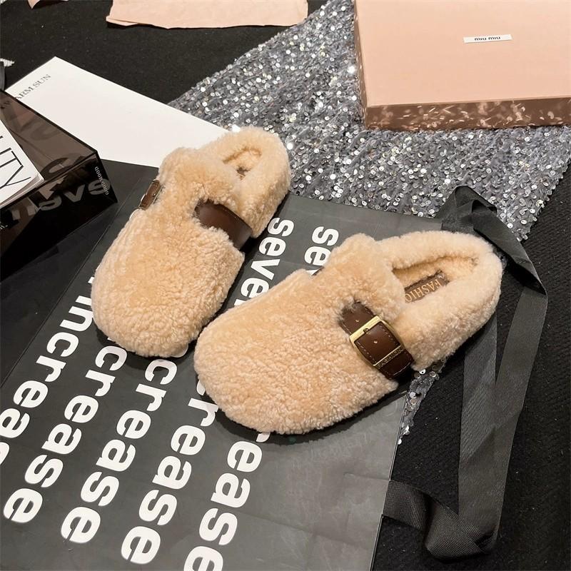 Fashion Simple Flat Bottom Fur Slippers Women's Outdoor Wear 2025 New Autumn Winter Slip-On Fashionable Cotton Slippers Korean Style