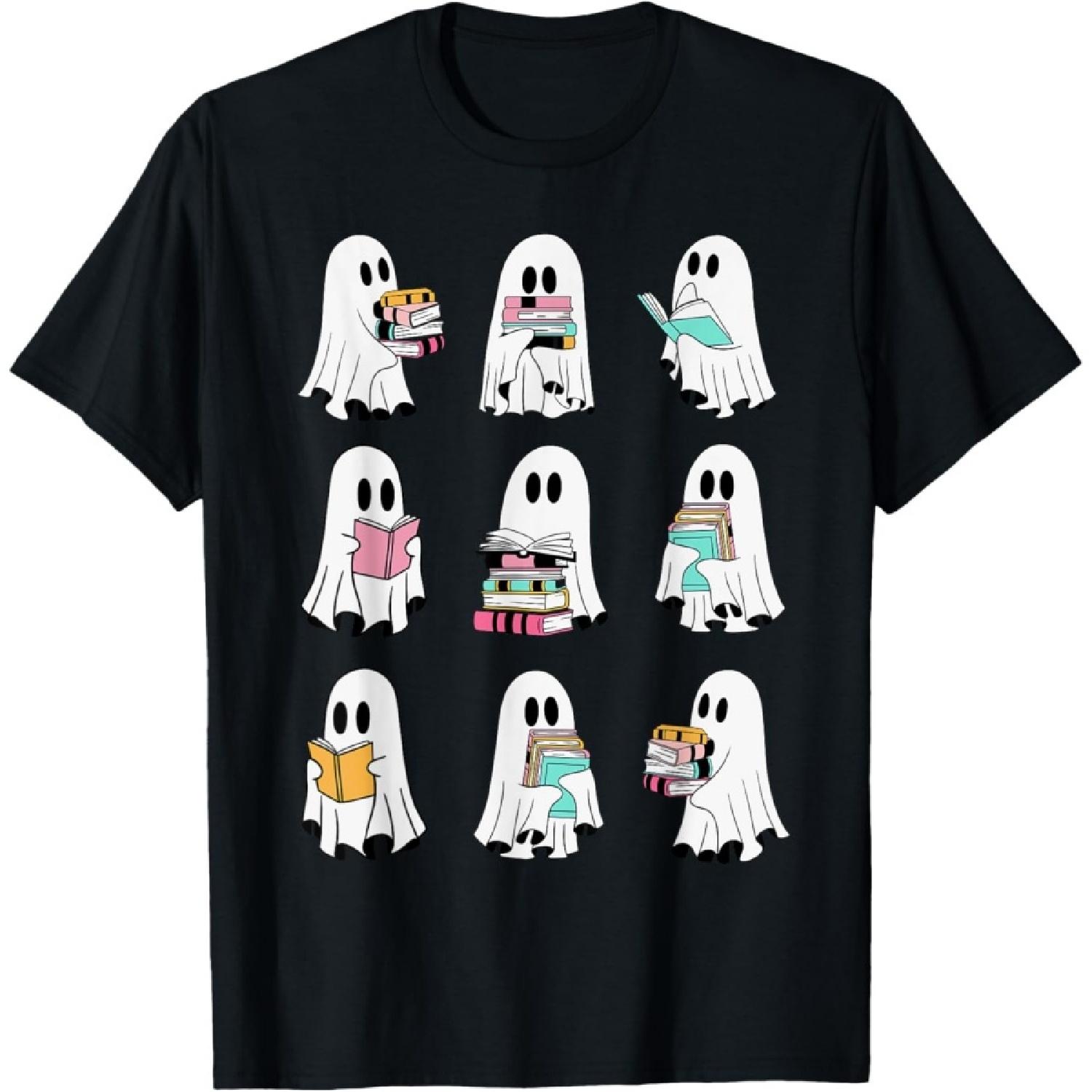 Ghost Reading Books Retro Groovy Spooky Reader T-Shirt S