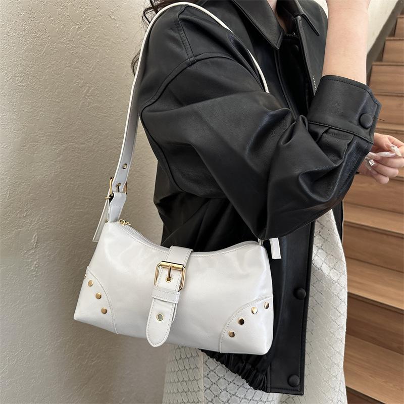 New Designer Buckle Armpit Bag Vintage Y2k Rivet Shoulder Bag Gothic Pu Leather Spicy Girl Hobo Handbag For Women