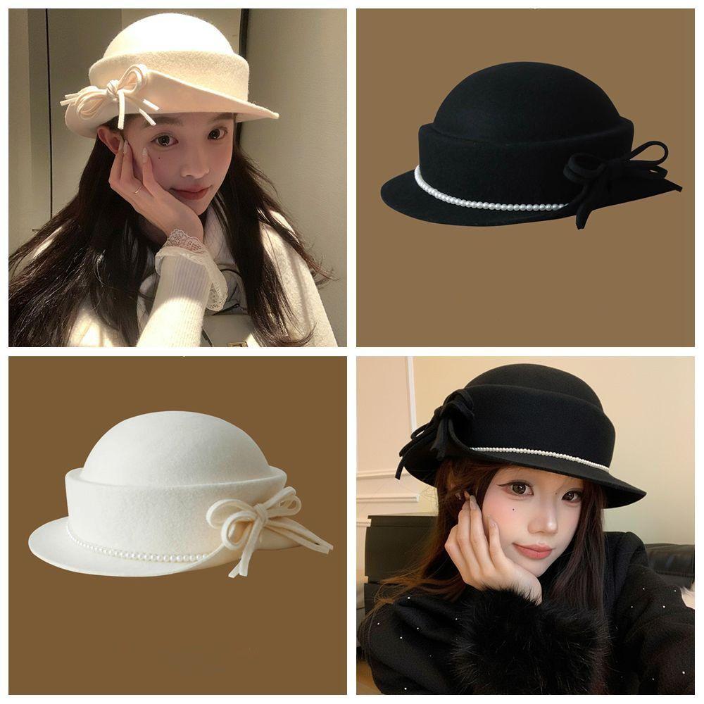Round Rolled Edge Fedoras Hat Solid Color Round Top Hat Creative Gift Wool Bucket Hat