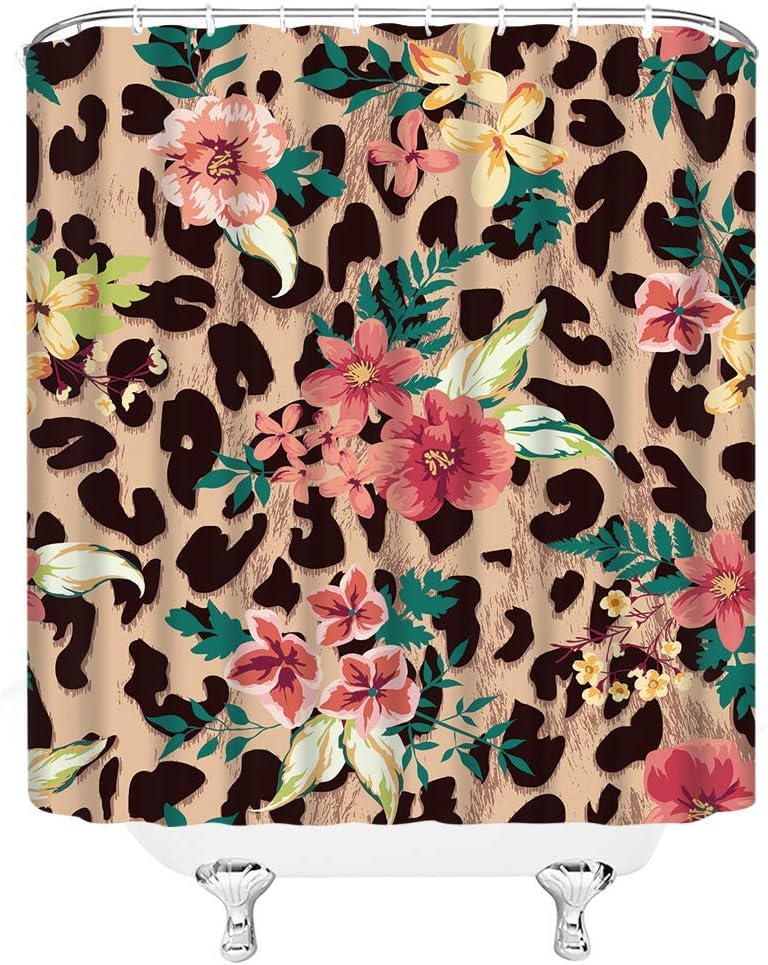 Leopard Flower Shower Curtain Retro Leopard Print Mixed Pink Flowers Creative Bathroom Home Decorative Shower Curtain 12 Hooks,