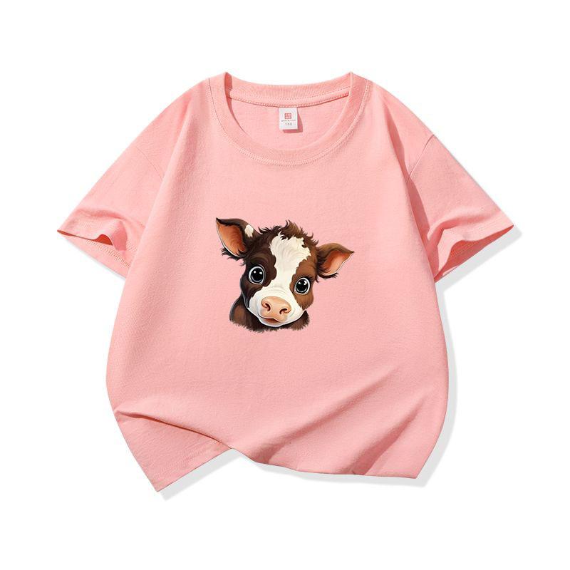 Kids Pure Cotton T Shirt Adorable Brown Baby Cow Print Crew Neck Short Sleeve Tee Casual Boys Girls Summer Tops
