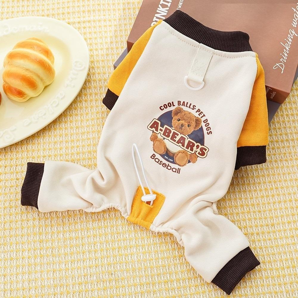 Thickened Dog Jumpsuit Color Block Comfortable Four Legged Clothes with D-Ring Bear Pattern Dog Warm Pajamas Outdoor