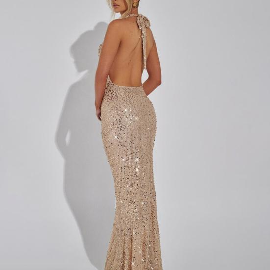 Women's Sheer Mesh Maxi Dress Sparkly Sequins See Through Halter Long Dress Deep V Neck Backless Bodycon Dress Sexy Party Outfits