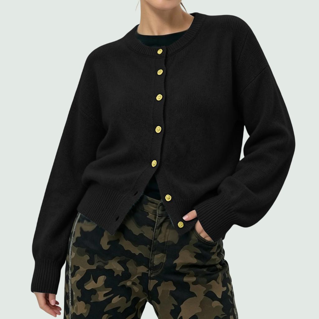 Women's Color Single Breasted Long Sleeve Round Neck Casual Knit Cardigan