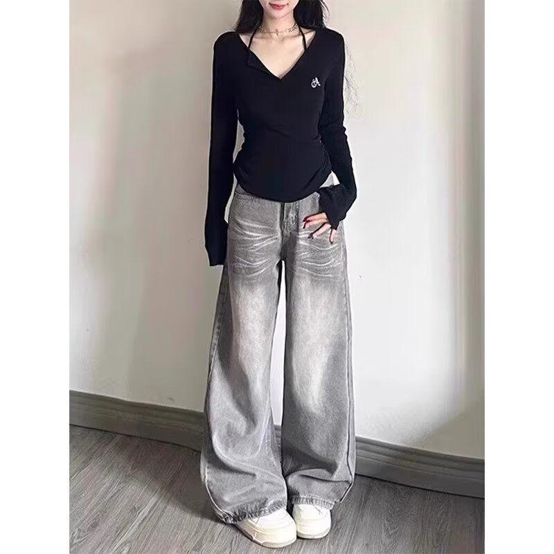 

Трендовые женские джинсы микро-клеш с эффектом варки и принтом тай-дай серого цвета - Свободный повседневный стиль с потертостями и прямыми штанинами 2XL серый