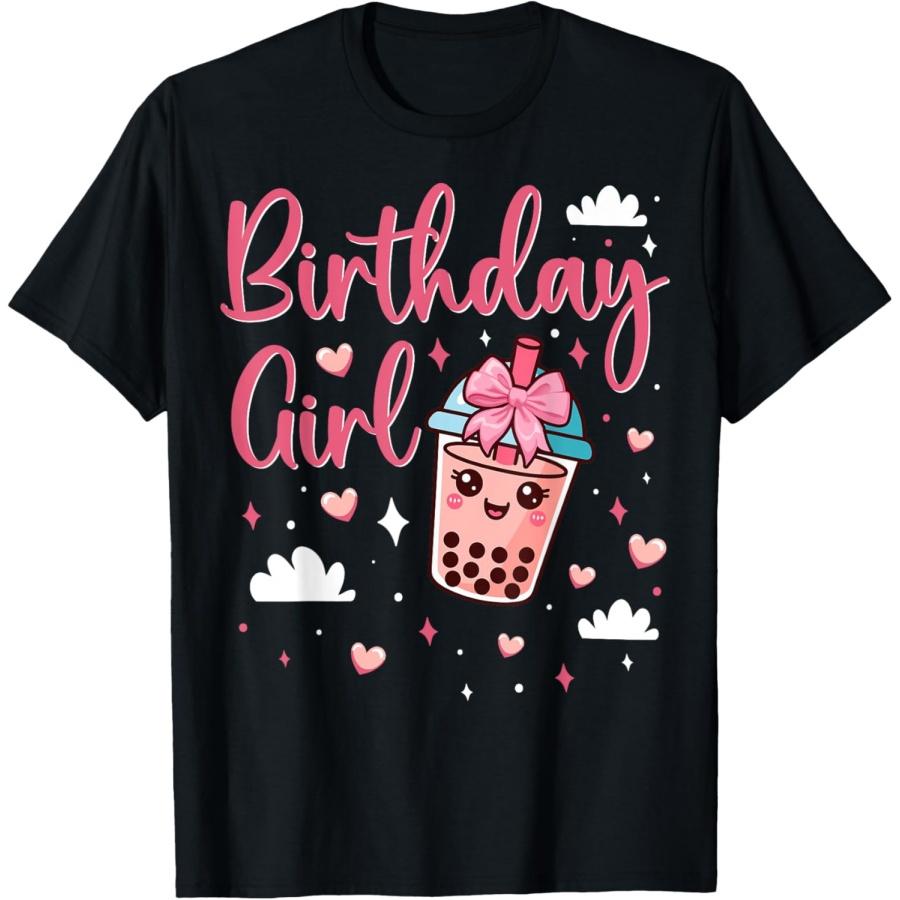 Happy Birthday Girl Cute Pink Bow Bubble Boba Tea Anime T-Shirt XXXXXL чёрный