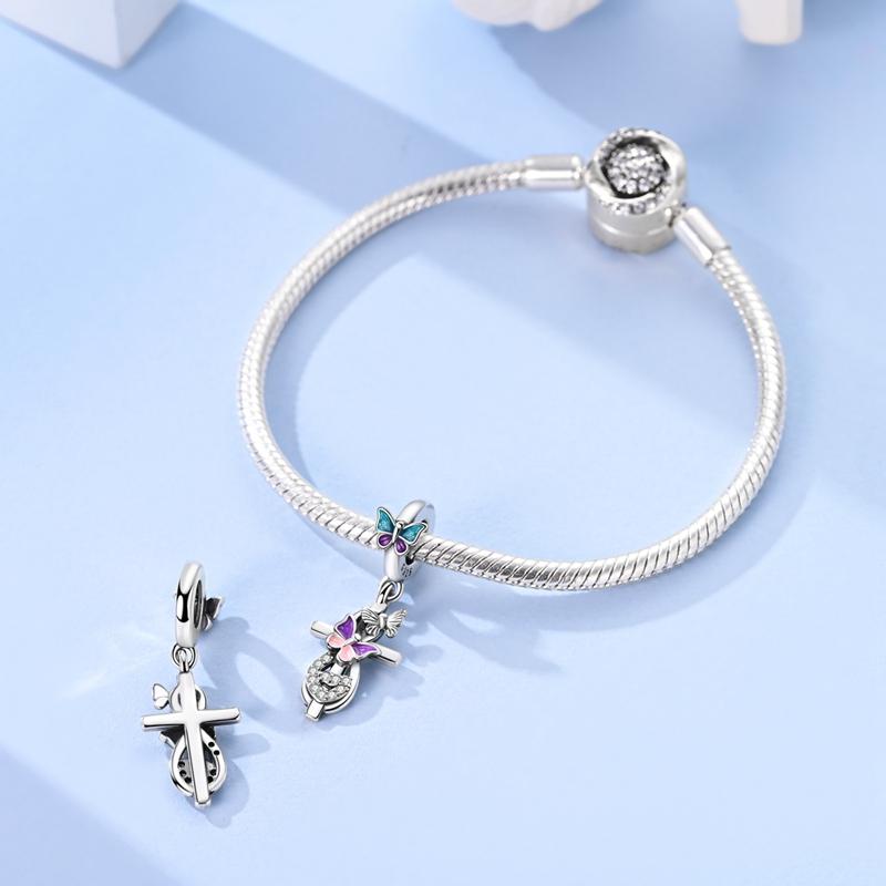 Charms Plata Blue Purple Butterfly Crucifix Pendants Fit Original Bracelets Charms For Women Jewelry Diy Making Gifts