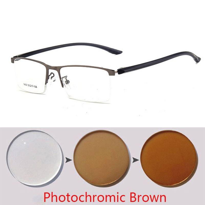 Semi-Rimless Business Metal Glasses Photochromic Lenses and Anti-UV Coating for Men Square Prescription 0 -0.5 -0.75 To -6