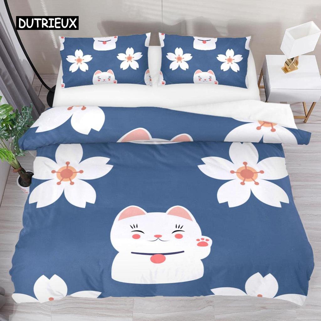 Japanese Lucky Cat Duvet Cover Set Kawaii Cats Bedding Set for Kids Boys Girls Exotic Style Black White Kitten Comforter Cover