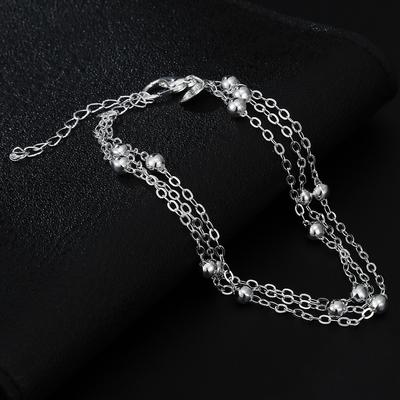 Fashion Jewelry 925 Silver Plated Women's Three-layer Bead Chain Bracelet