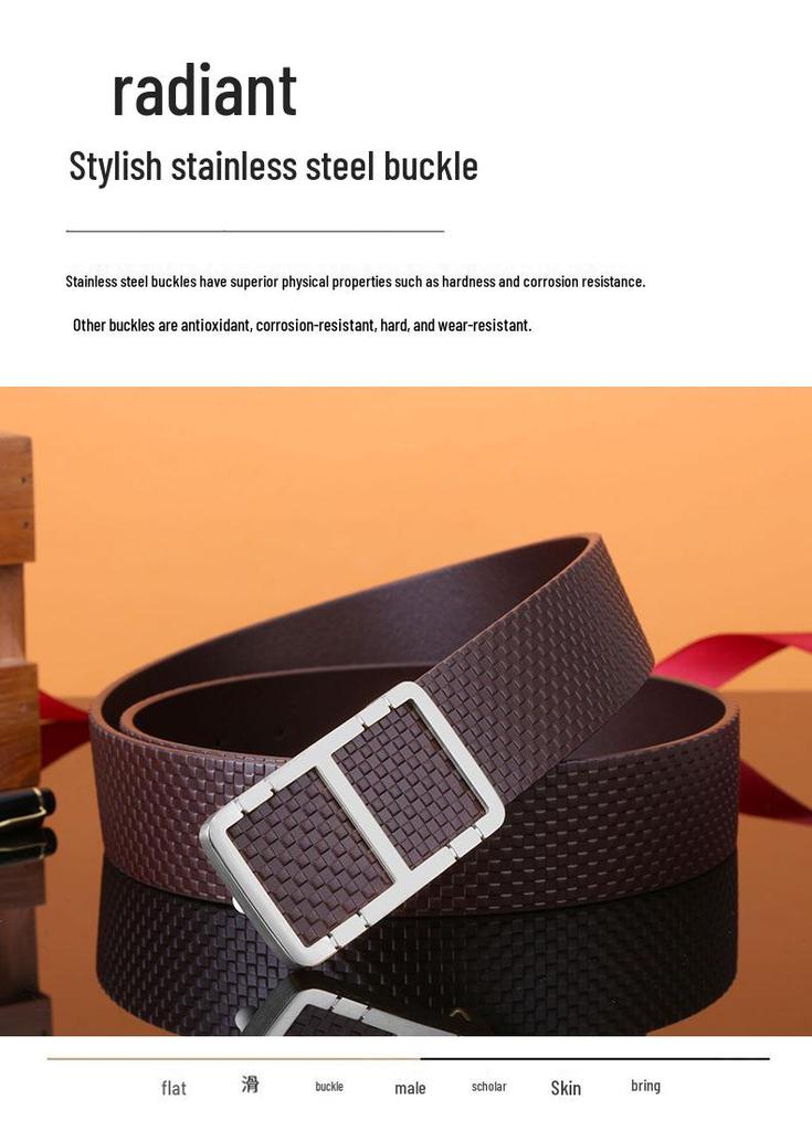 Men's Plaid Genuine Leather Belt, Pure Cowhide with Steel Smooth Buckle – Youth Business Casual Style