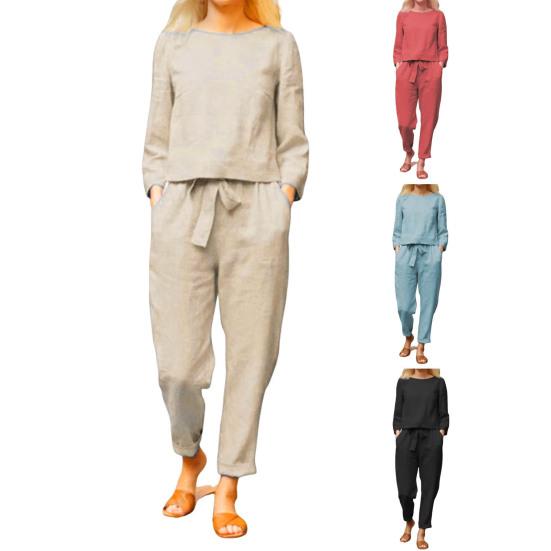 2 Pcs/Set Women Top Pants Set Round Neck Long Sleeves Blouse Vintage Elastic Waist Trousers Daily Leisure Loose Outfit