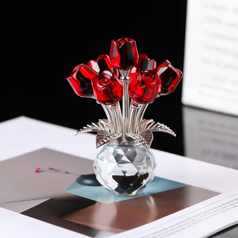 Crystal Red Rose Bouquet with Round Vase Figurines Gifts for Women Glass Bouquet Ornament Romantic Gifts Table Centerpiece