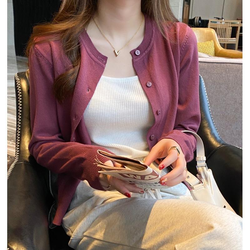 Spring and Autumn Long Sleeved Cardigan Women's Knitted Jacket Fashion Thin Sweater 2025 Elegant O Neck Slim Fit Solid Color New Short Coats Clothing