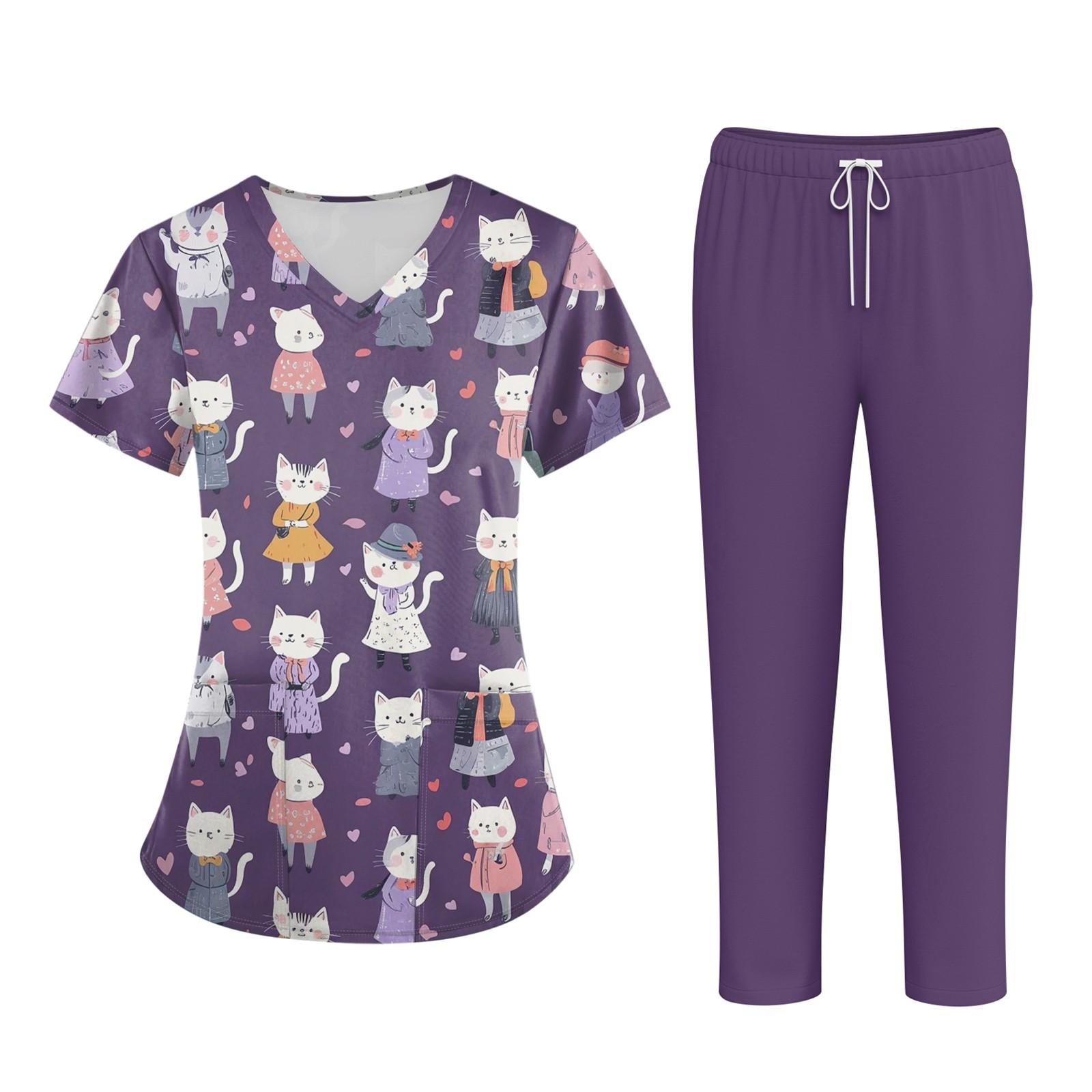 

Плюс размерСкраб с принтом Рабочая форма Топы для женщин Крест V-образным вырезом Хэллоуин Принт с короткими рукавами Забавные футболки Спецодежда Футболка с карманами XL фиолетовый