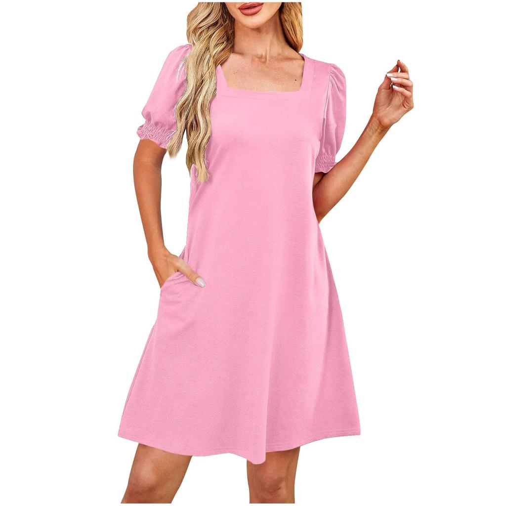 Damenmode Lässig Quadratischer Ausschnitt Farbe Kurzarm Kleid