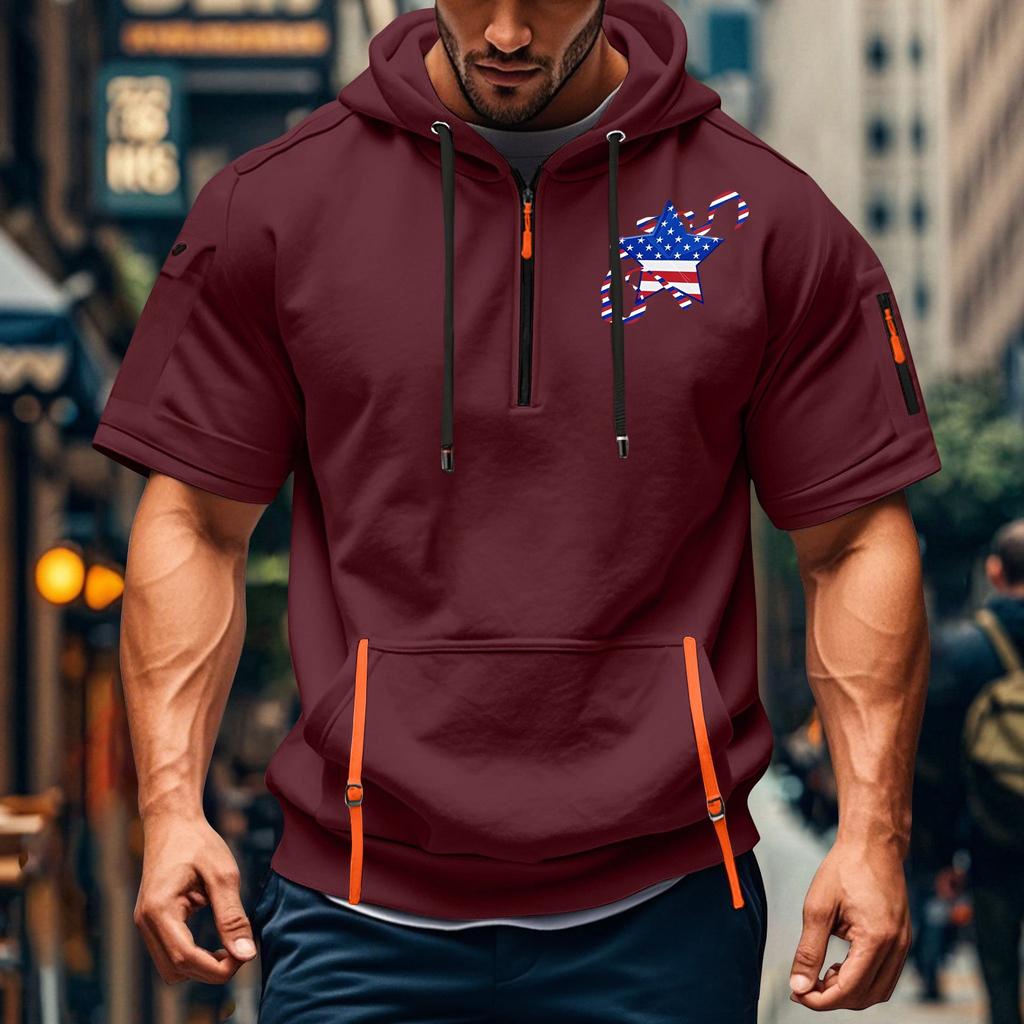 Men's Summer Shirt Print Zipper Pocket Short Sleeve Hooded Sweatshirt Men's Sports Large Size Casual Sweatshirt