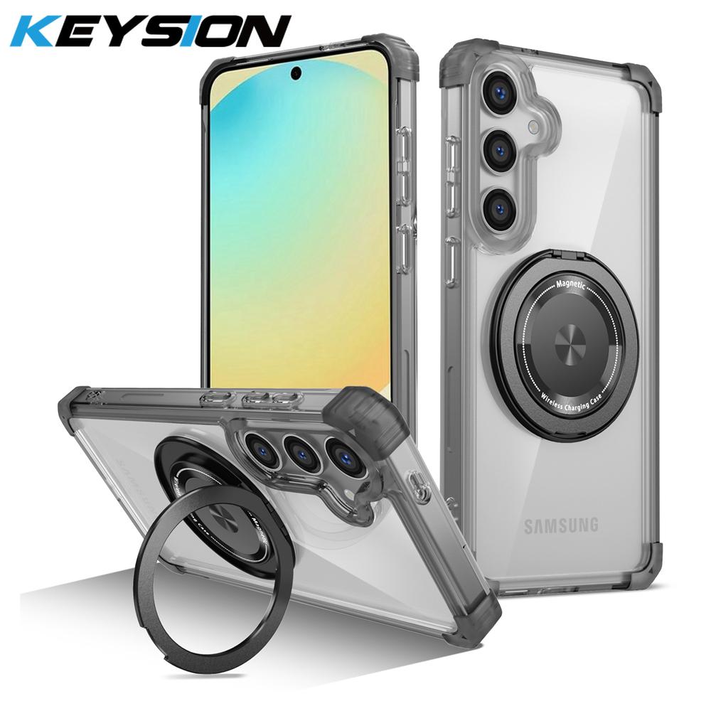KEYSION Transparent Case for MagSafe for Samsung Galaxy S24 FE 5G 360° Magnetic Ring Stand Wireless Charging Clear Phone Cover