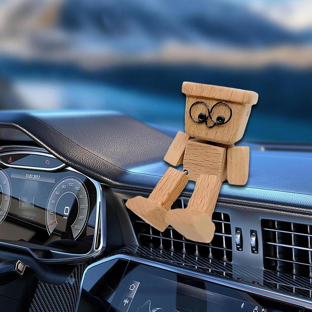 Wooden Shaking Man Car Dashboard Decoration Handmade Car Decor Action Figure Car Ornaments Sculpture for SUV Truck Sedan RV