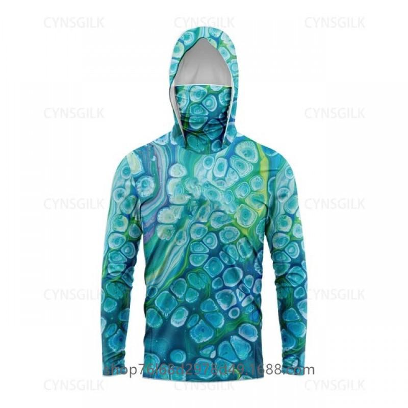 Mens Quick-Dry Ice Silk Long Sleeve UPF 50 Sun Protection Hooded Fishing Shirt With Integrated Face Cover