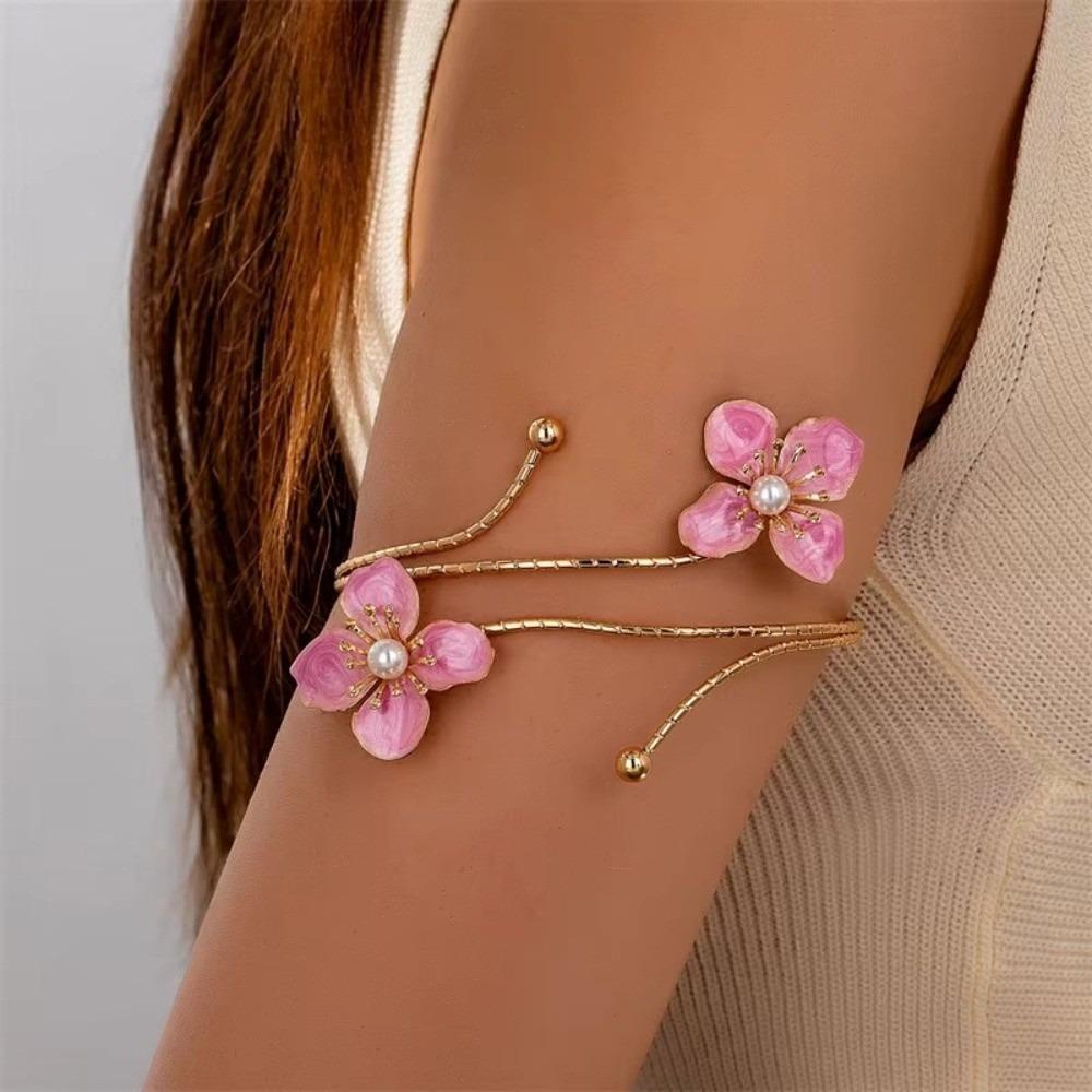 Elegant Floral Open Cuff Armlet Enamel Glaze Craft Open Arm Ring  For Women Girls