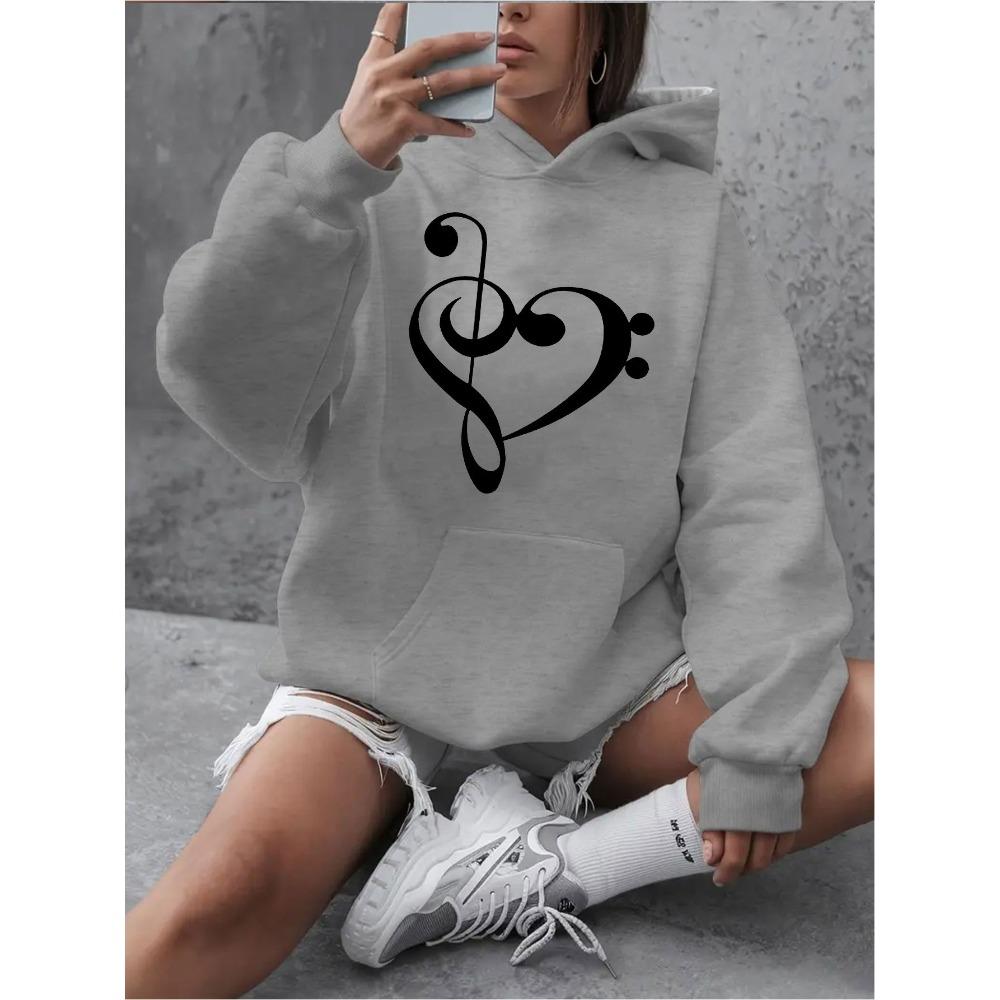

Autumn and Winter Women s Pink Hoodie Musical Notes and Heart Printed Casual Pullover Soft Four Seasons Comfortable 3XL