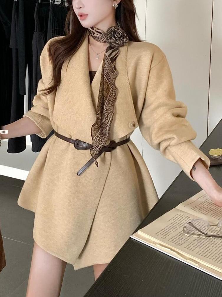 2025 Fall/Winter Women's Mid-Length Waist-Cinching Knit Cardigan Sweater