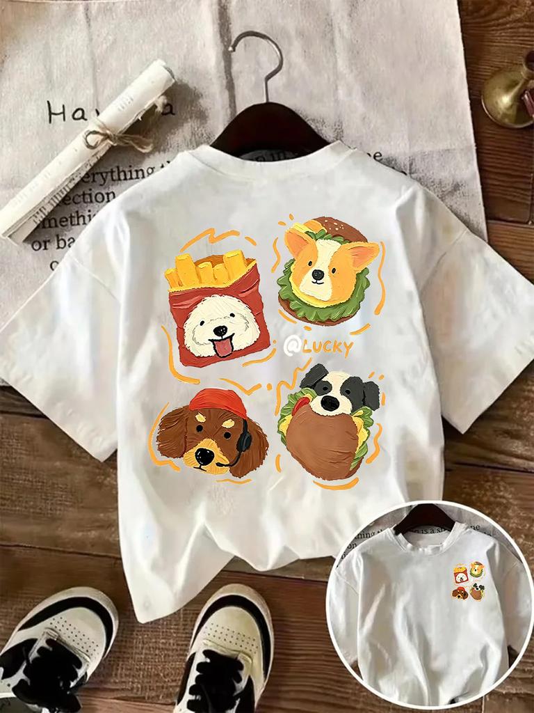 Cartoon Dog Food Printed Tshirt for Unisex Summer Short Sleeves Loose Casual Cute Pet Pattern Top Trendy Versatile Round Neck